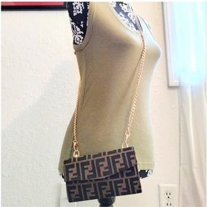 Vintage FENDI Brn FF Zucca Flap Clutch Wallet on Chain MINI Crossbody Purse Bag